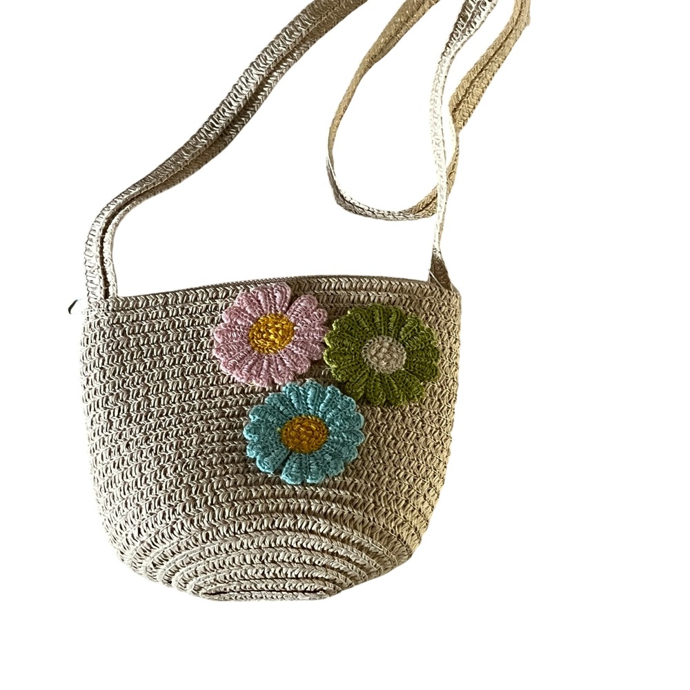 Kids Girls Straw Crossbody Bag with Crochet Flowers Boho Beach Purse